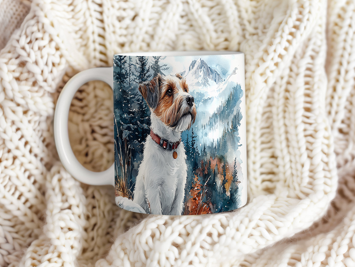 Hrnek s Jack russell teriérem v horské krajině