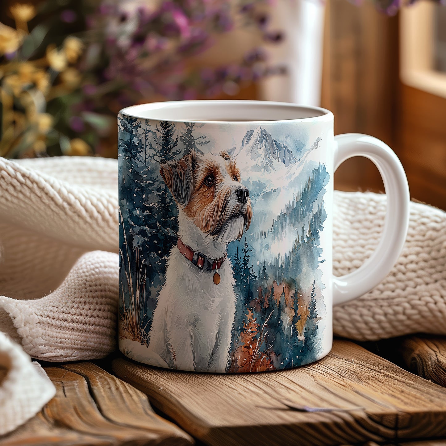 Hrnek s Jack russell teriérem v horské krajině