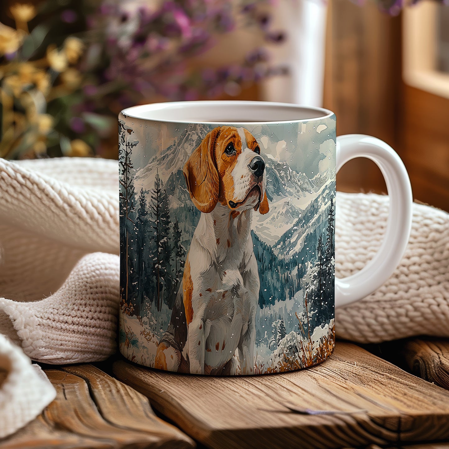 Hrnek s beagle psem v horské krajině