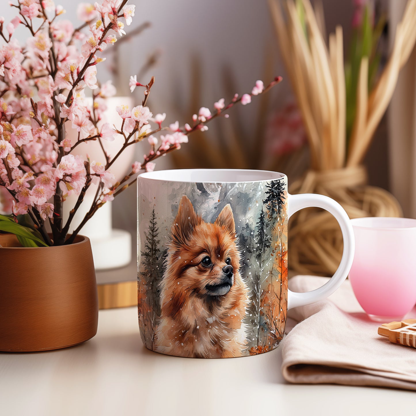 Hrnek s portrétem pomeraniana v přírodě
