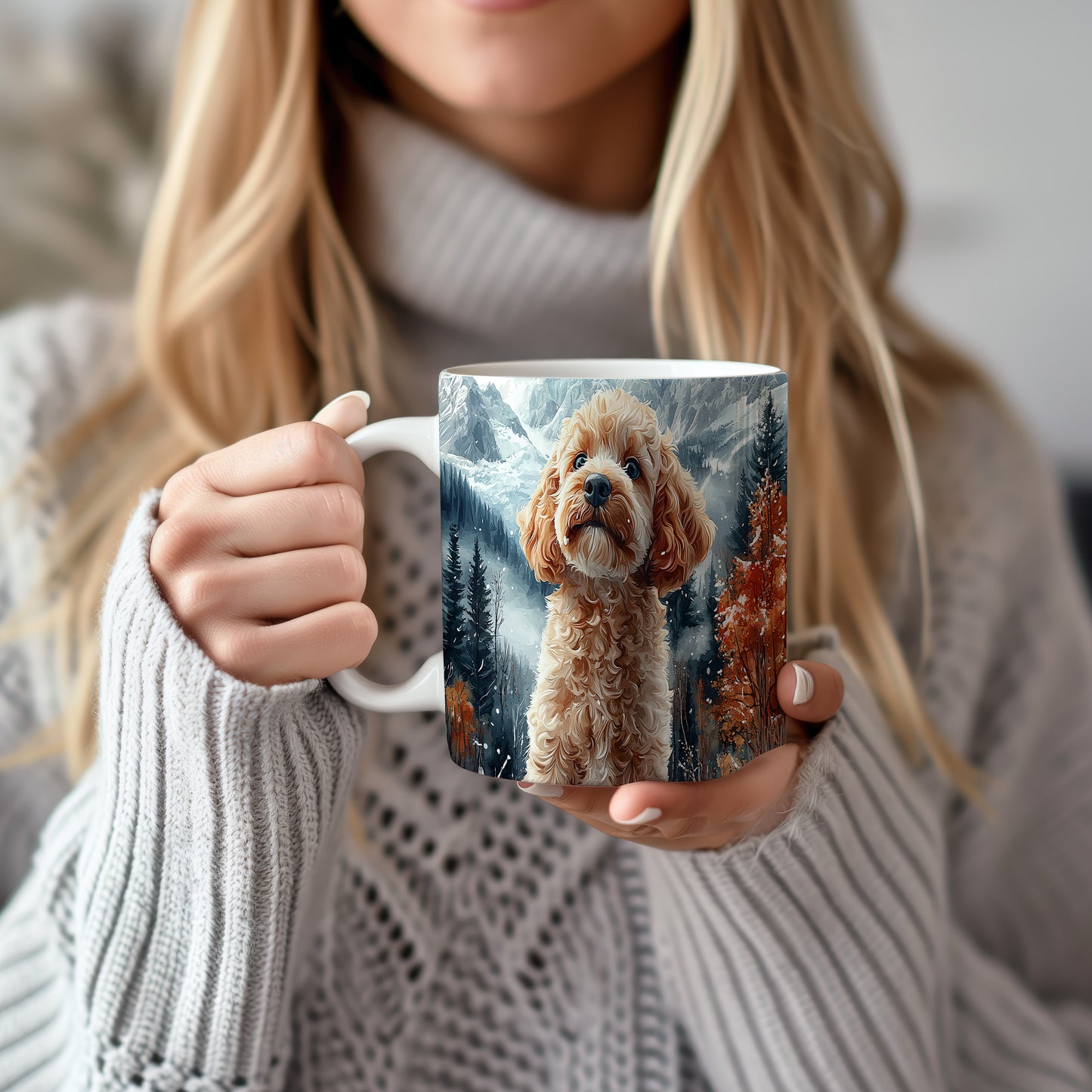 Hrnek s roztomilým Cavapoo v přírodě – digitální ilustrace