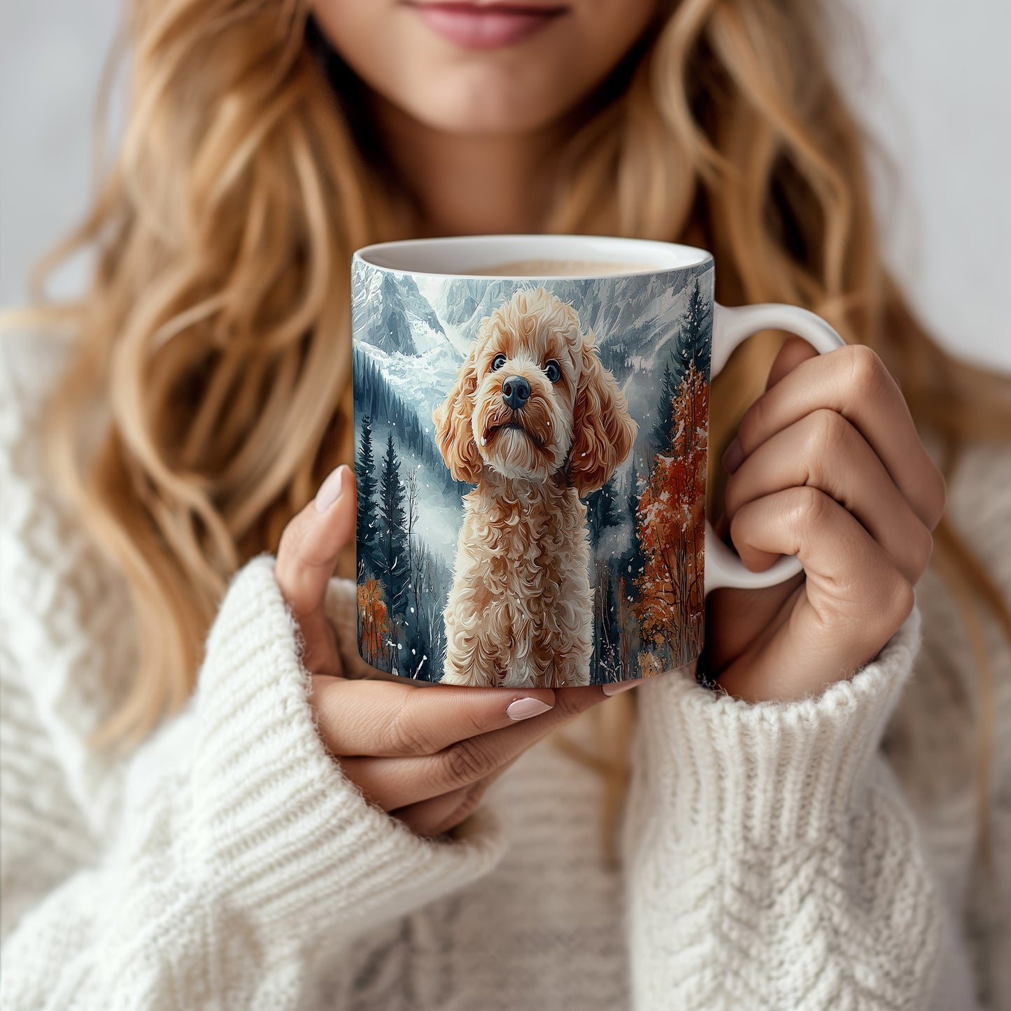 Hrnek s roztomilým Cavapoo v přírodě – digitální ilustrace