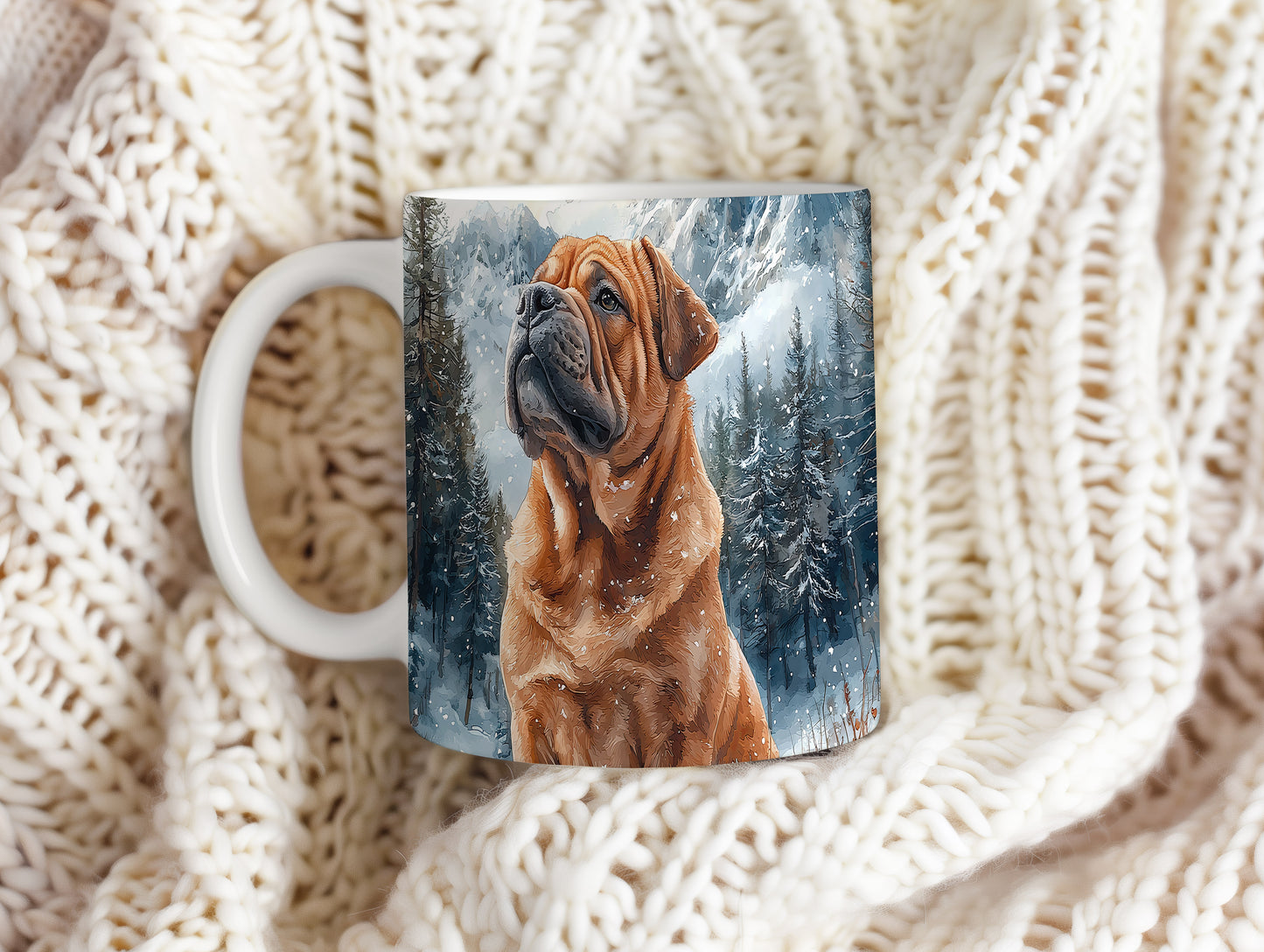 Hrnek s motivem shar pei v zasněžené krajině