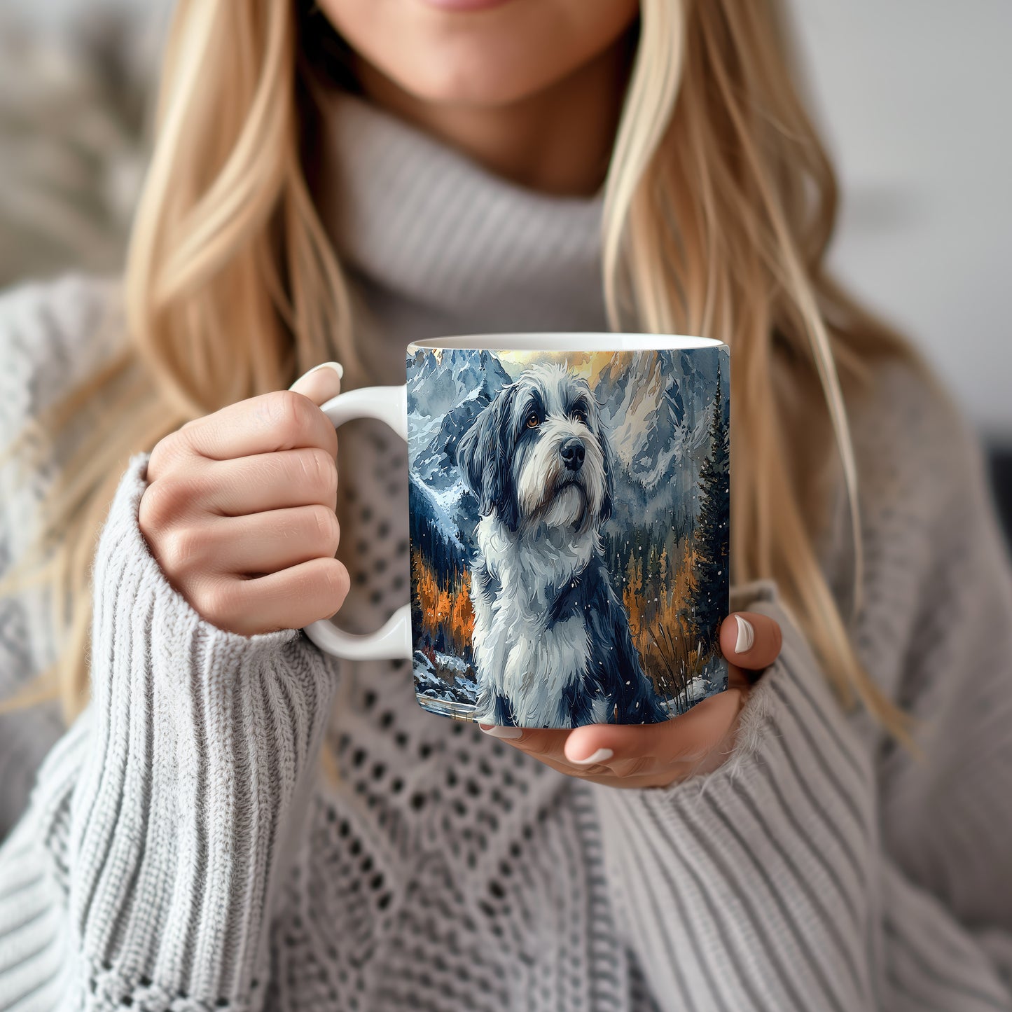 Hrnek s elegantním portrétem Bearded Collie– černobílým motivem