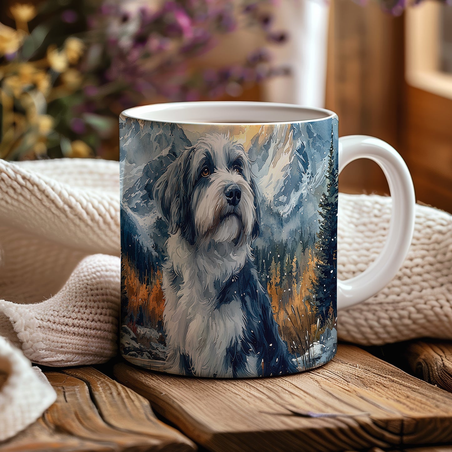Hrnek s elegantním portrétem Bearded Collie– černobílým motivem