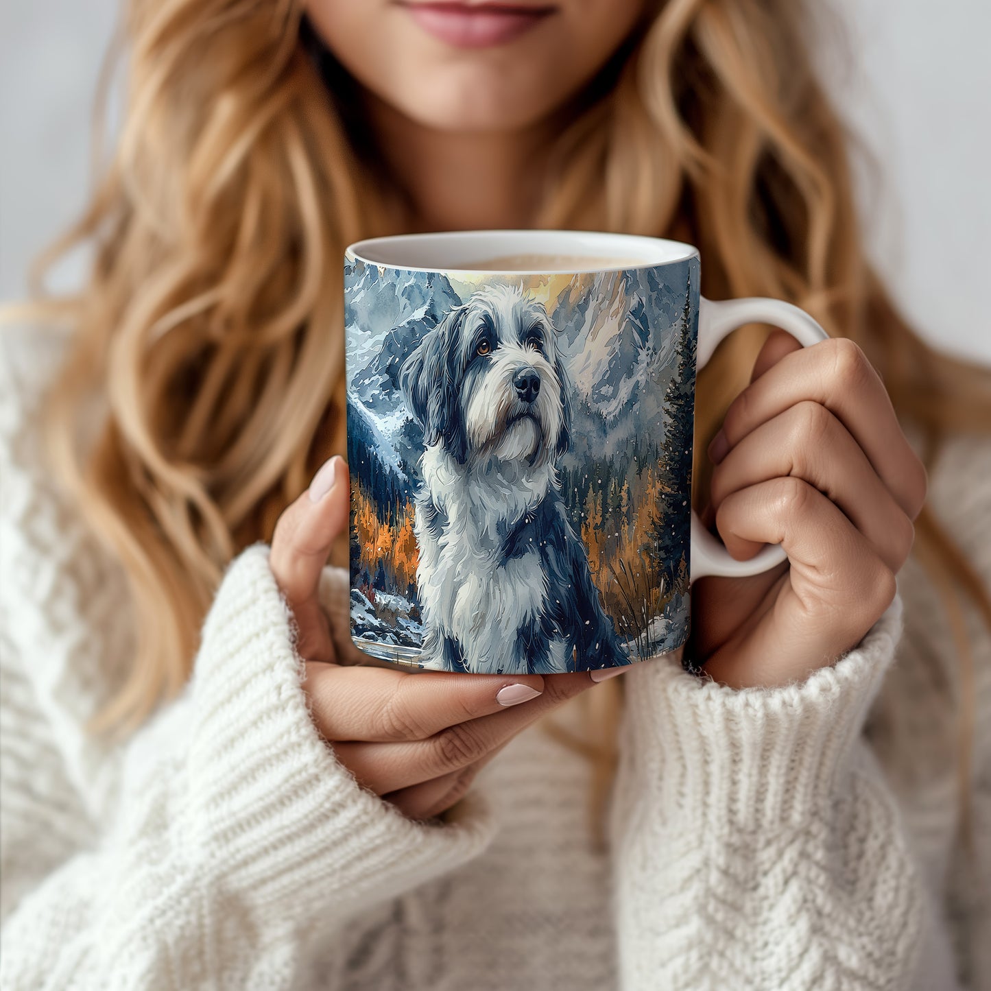 Hrnek s elegantním portrétem Bearded Collie– černobílým motivem