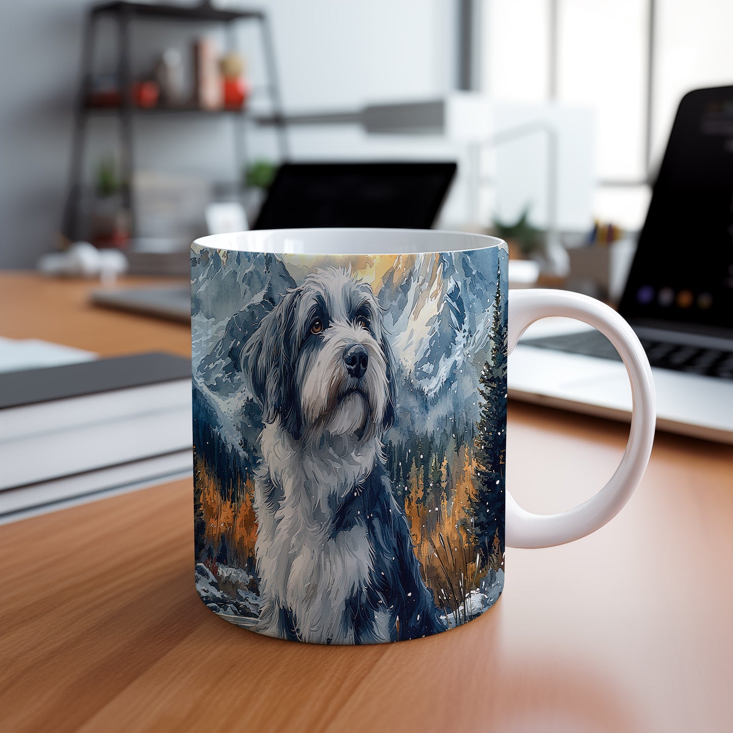 Hrnek s elegantním portrétem Bearded Collie– černobílým motivem