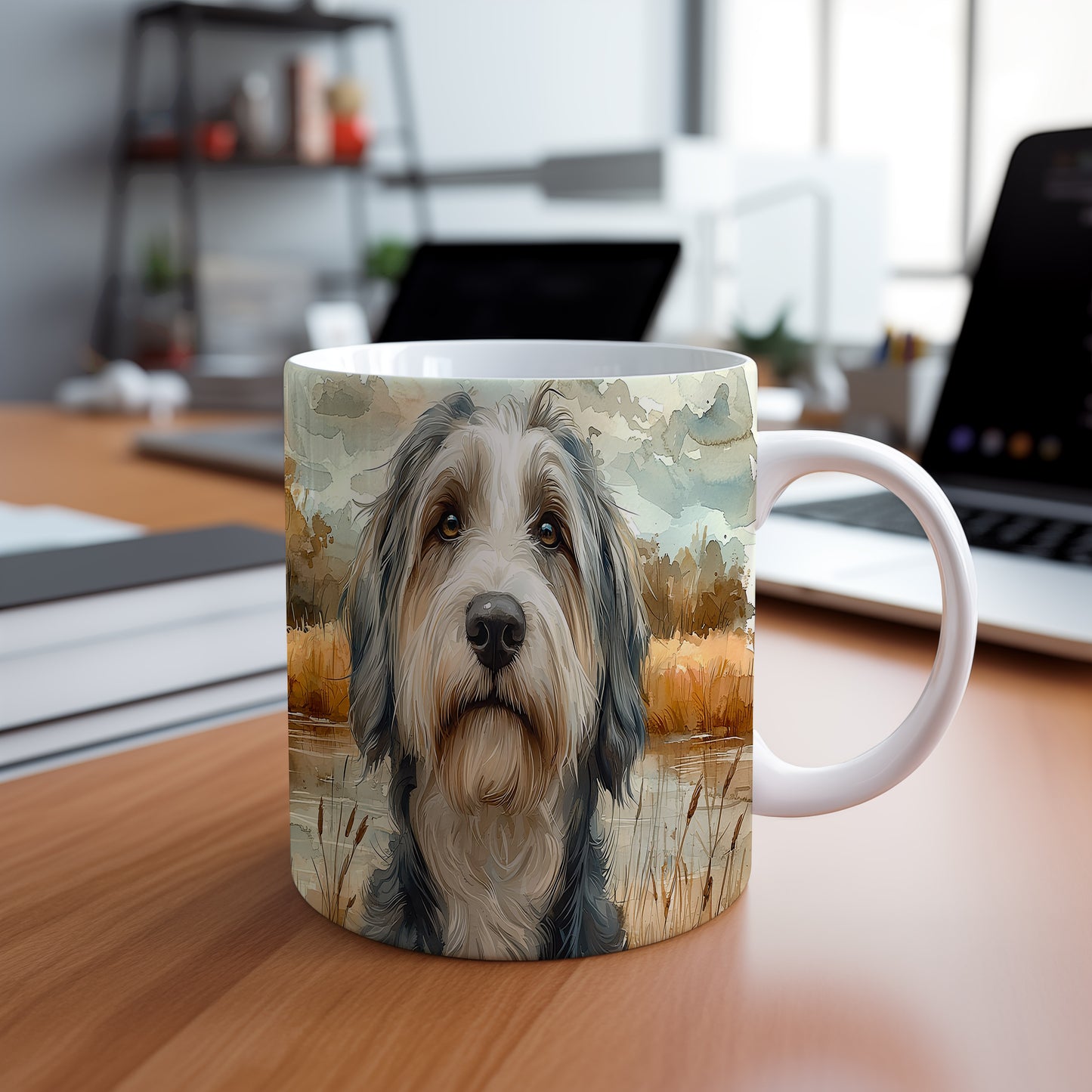 Hrnek s portrétem bearded collie v přírodě