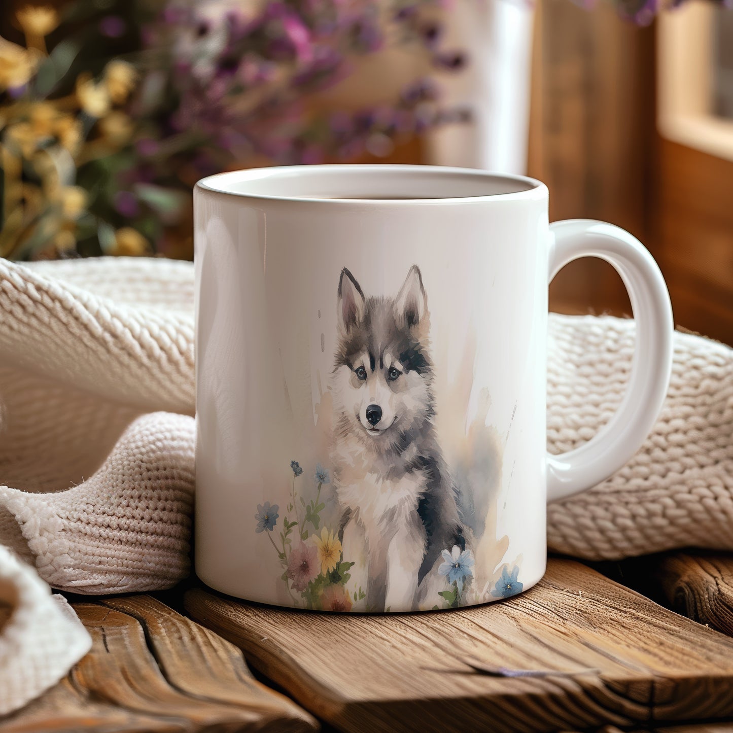 Hrnek se štěnětem huskyho a květinami