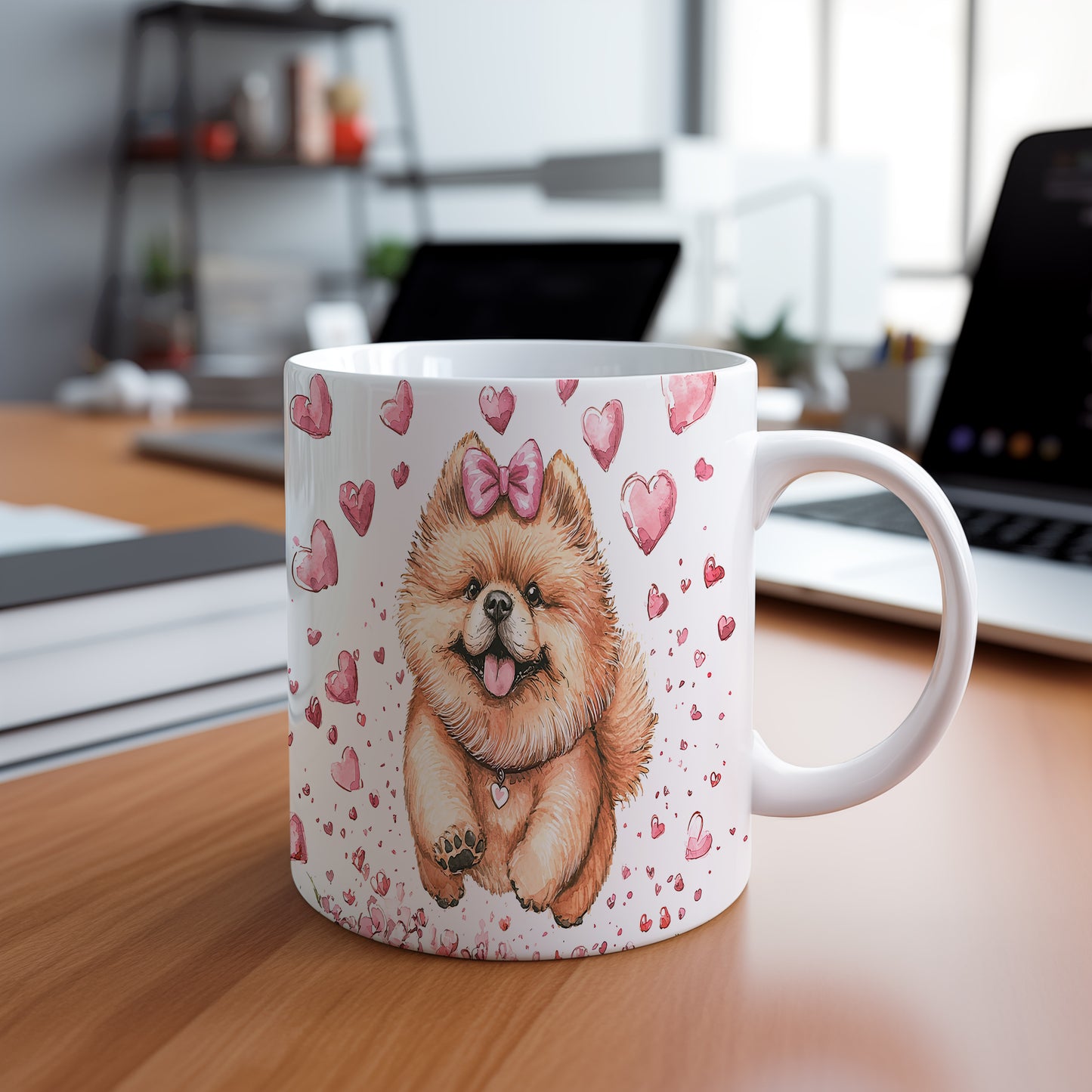Hrnek s Pomeranianem pejskem a srdíčky v růžových tónech