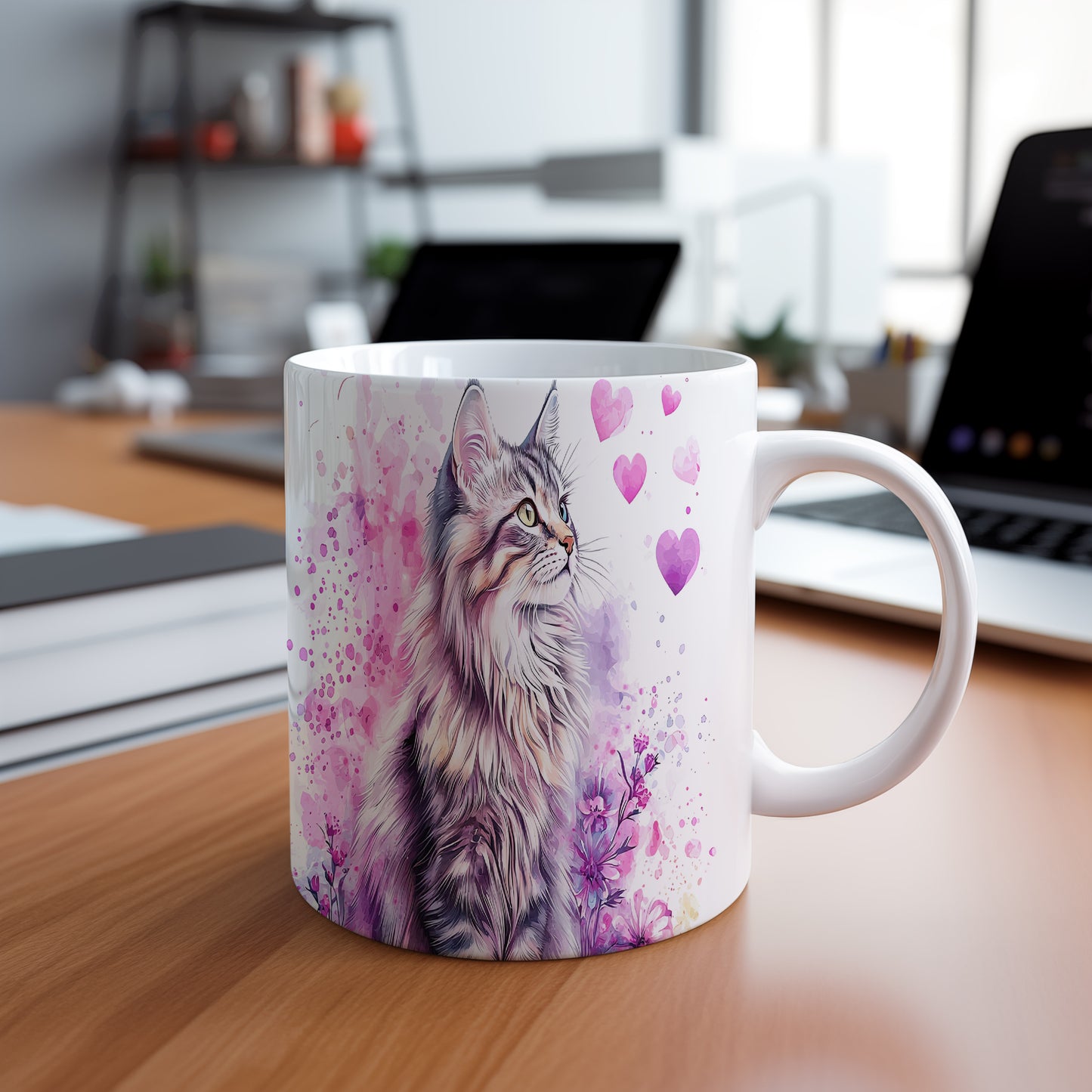 Hrnek s roztomilou kočkou a srdíčky v pastelových tónech