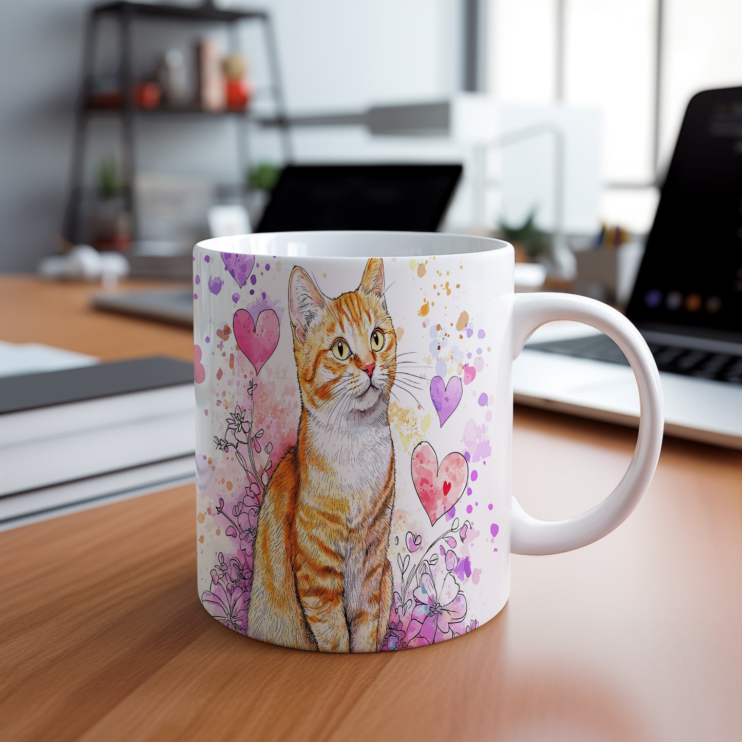 Hrnek s kočkou a srdíčky v akvarelovém stylu