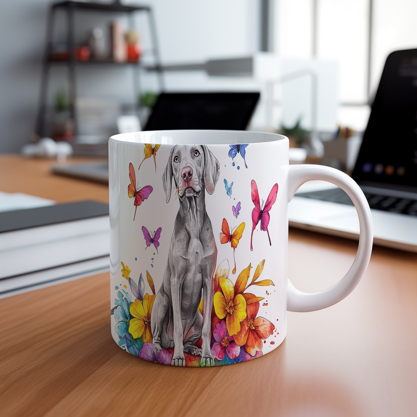 Hrnek s ilustrací Vymarského ohaře a květinami