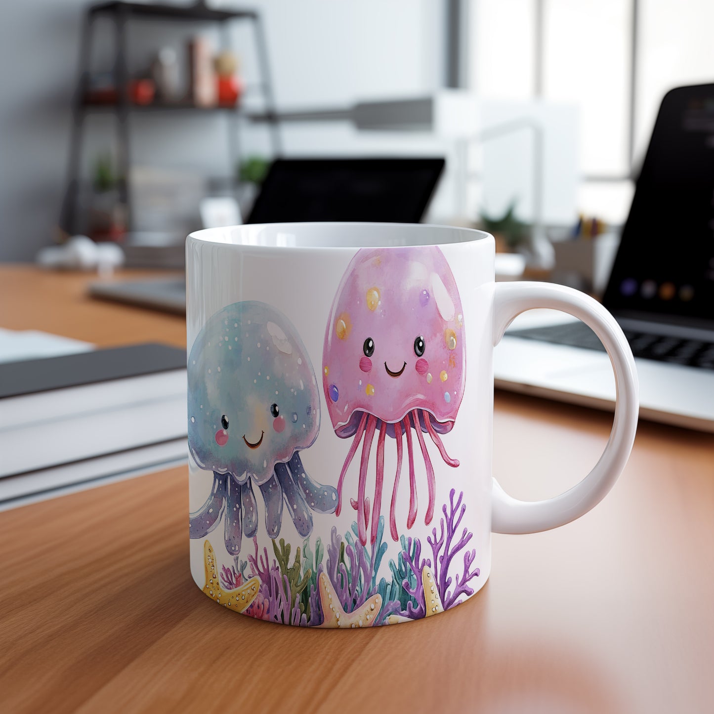 Hrnek s roztomilými medúzami – modrými detaily