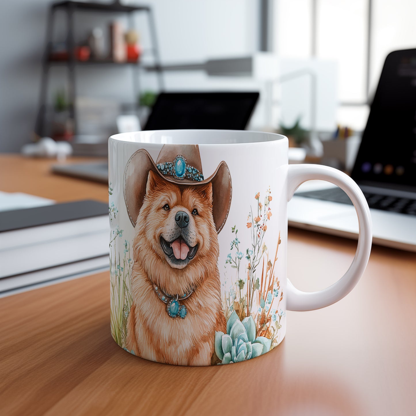 Hrnek s chow chow psem v kovbojském klobouku