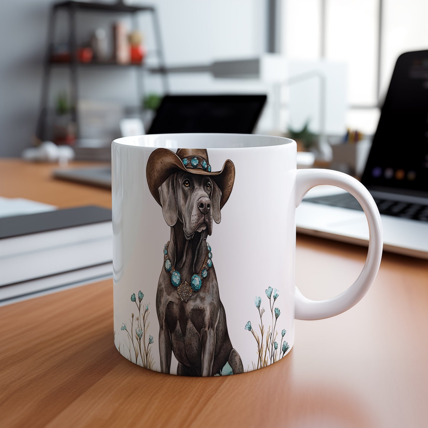 Hrnek s módním Výmařským ohařem a šperky