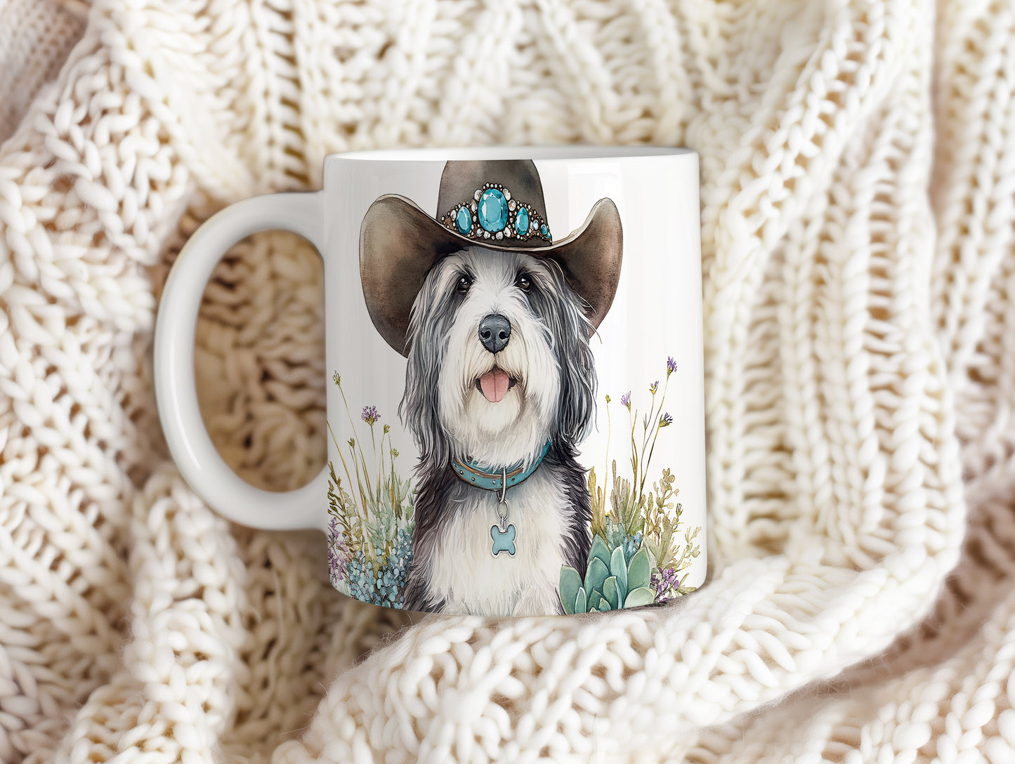 Hrnek s Bearded Collie v klobouku – černobílým motivem