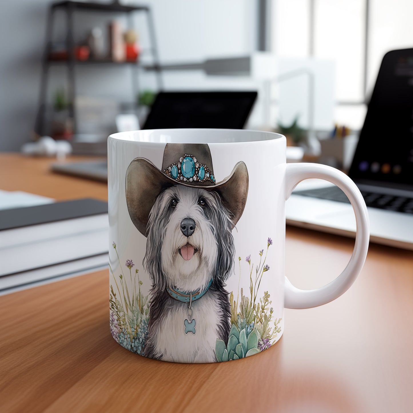 Hrnek s Bearded Collie v klobouku – černobílým motivem