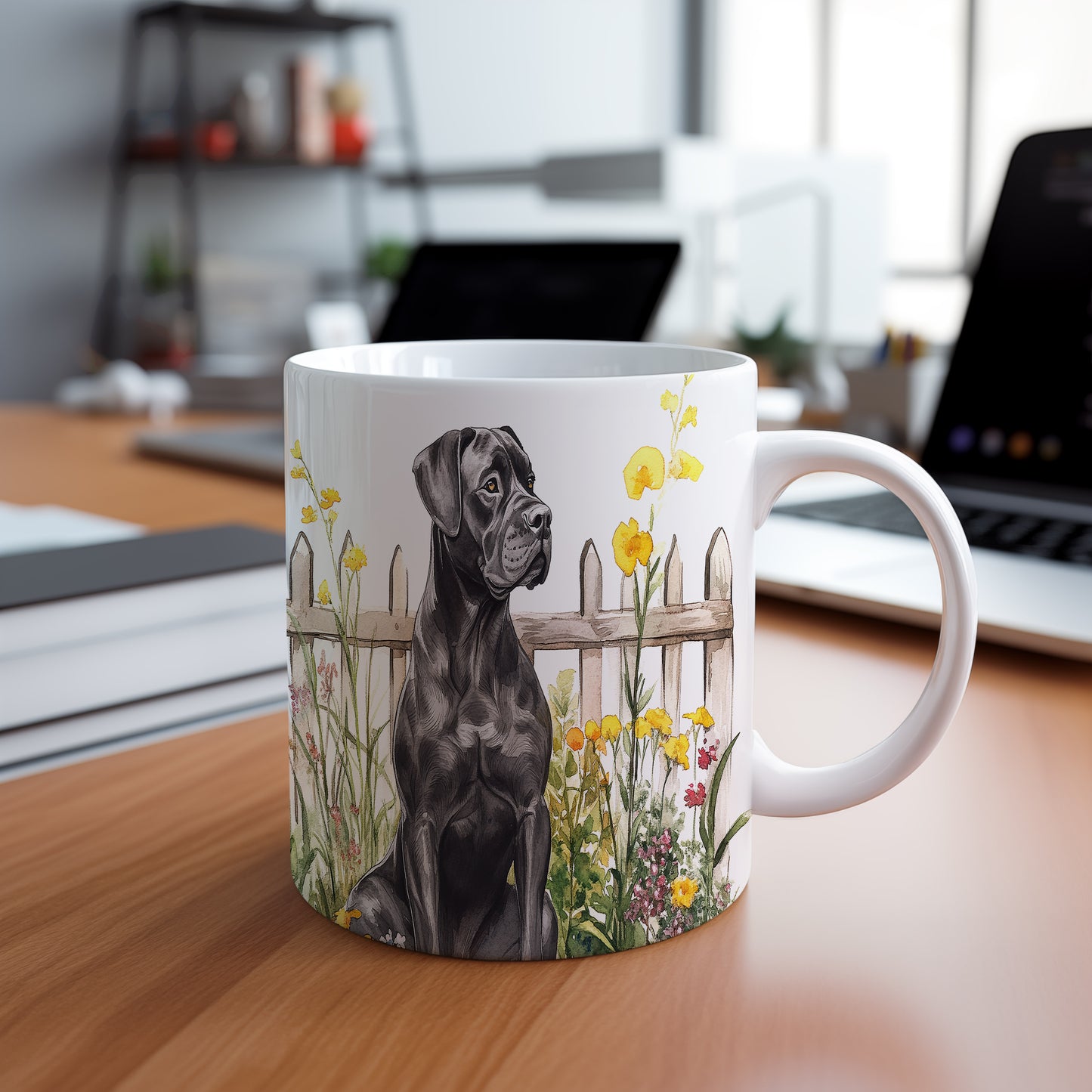 Hrnek se černým cane corso a letní zahradou