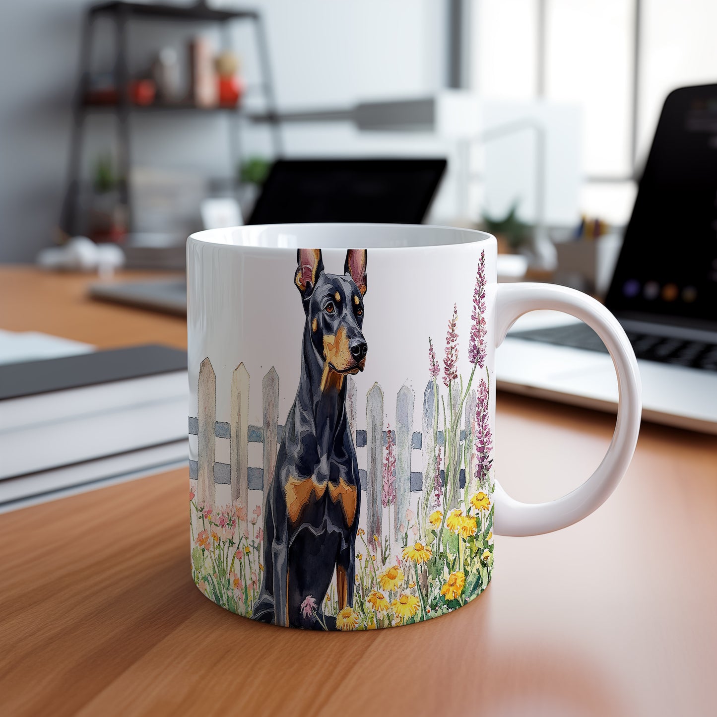 Hrnek s dobermanem v květinách