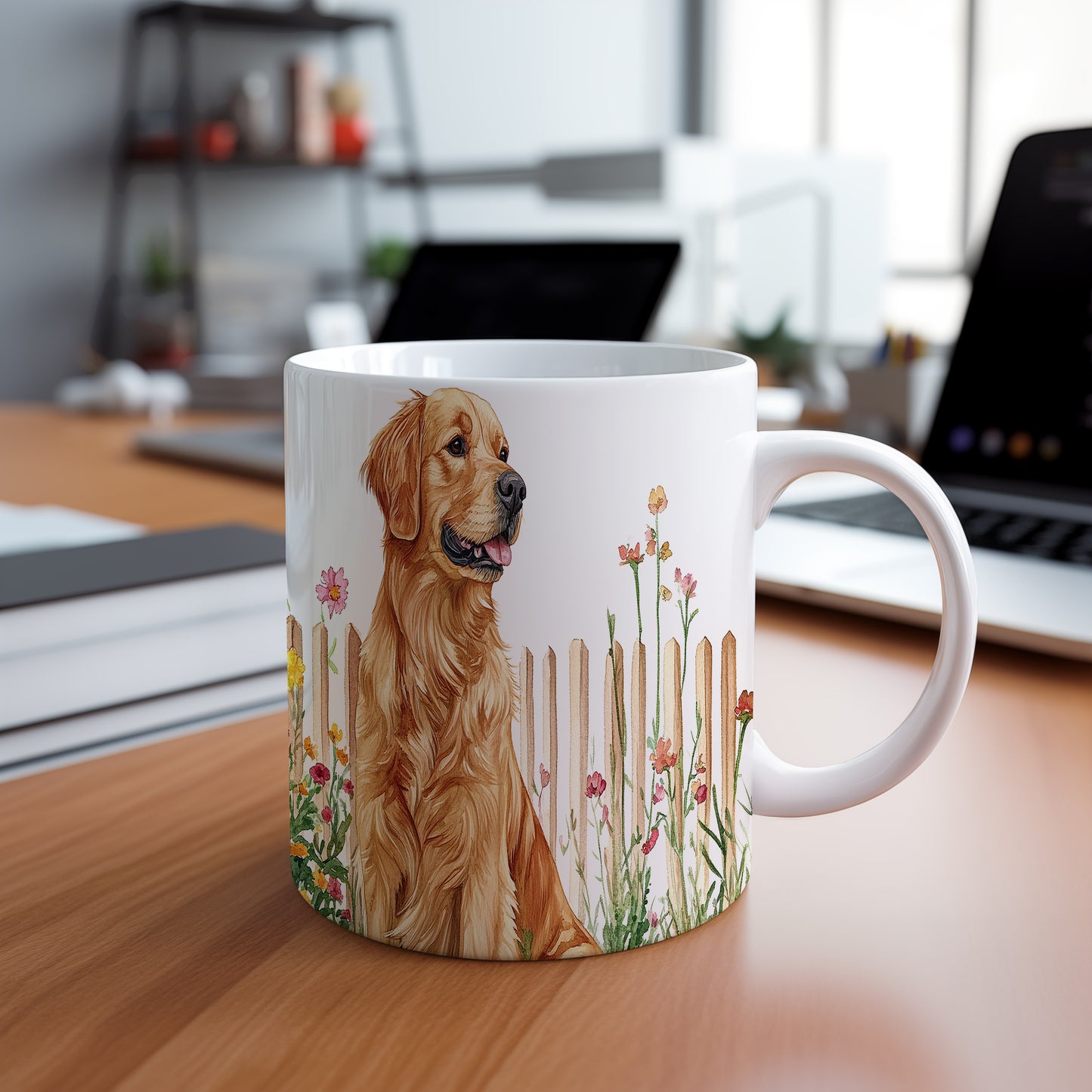 Hrnek s krásným provedením zlatého retrívra a květinami