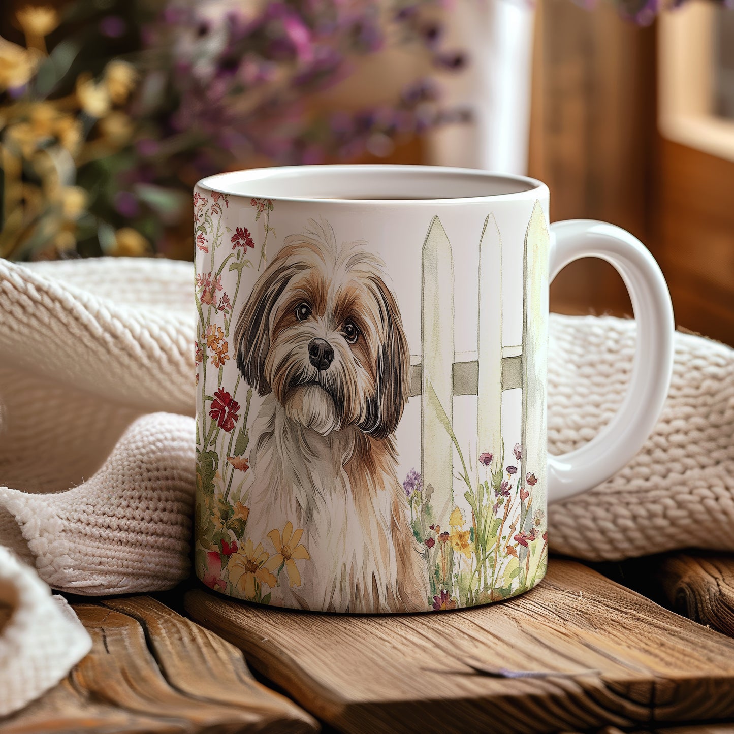 Hrnek s krásným Shih Tzu mezi květinami
