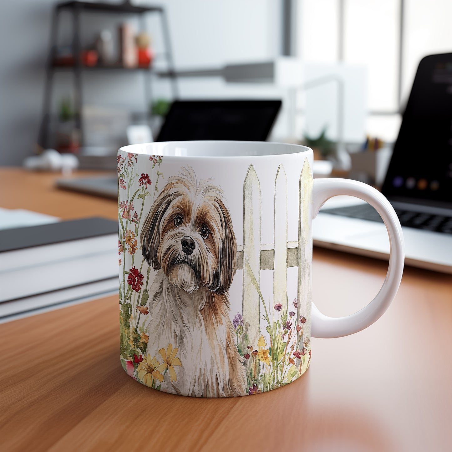 Hrnek s krásným Shih Tzu mezi květinami