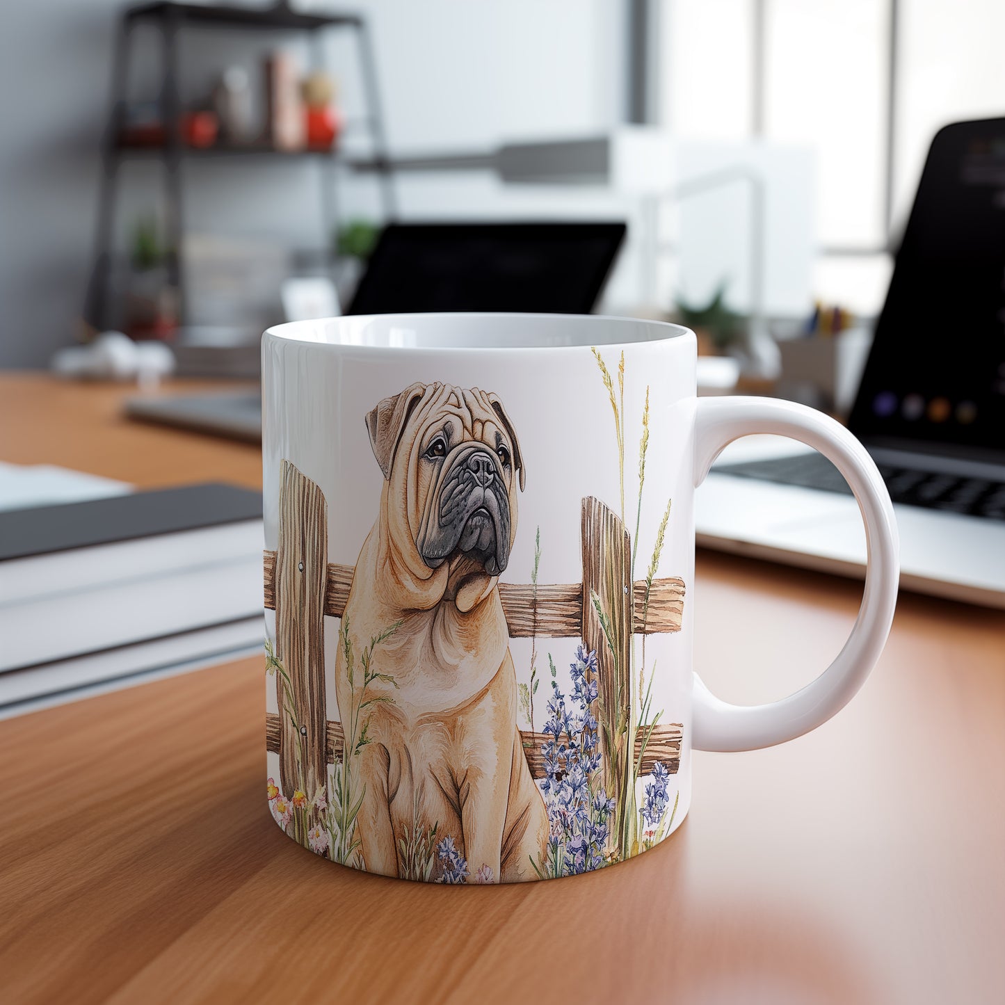 Hrnek se Shar Pei u plotu