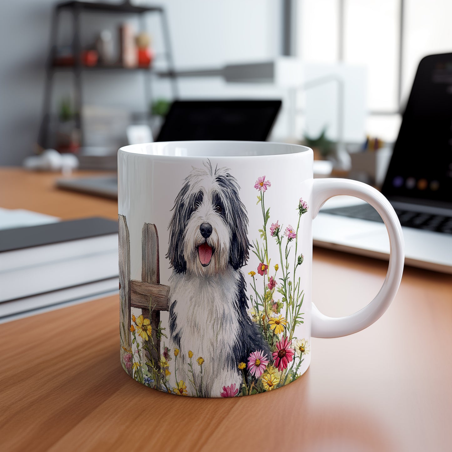 Hrnek se staroanglickým ovčákem a květy