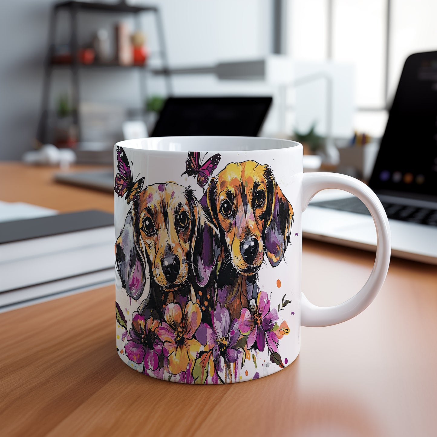 Hrnek se dvěma psy a květinami