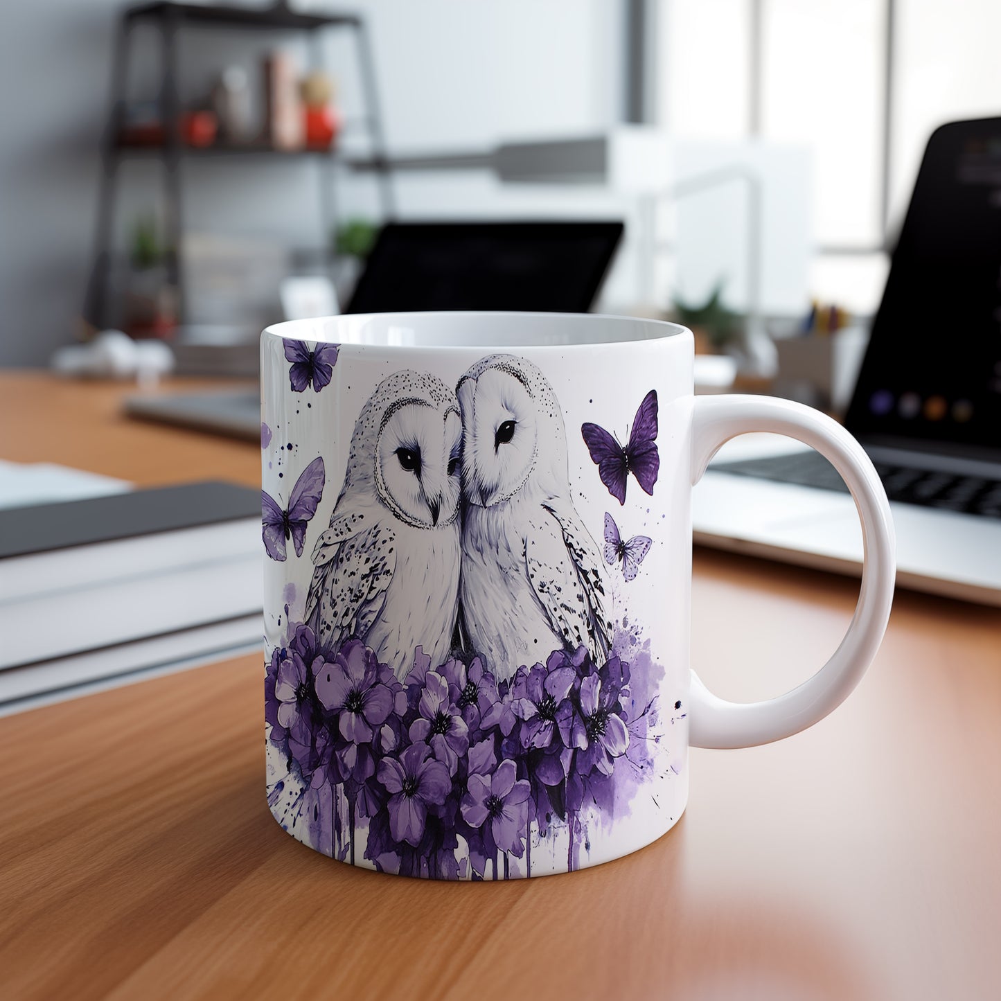 Hrnek s fialovými květinami a sovami