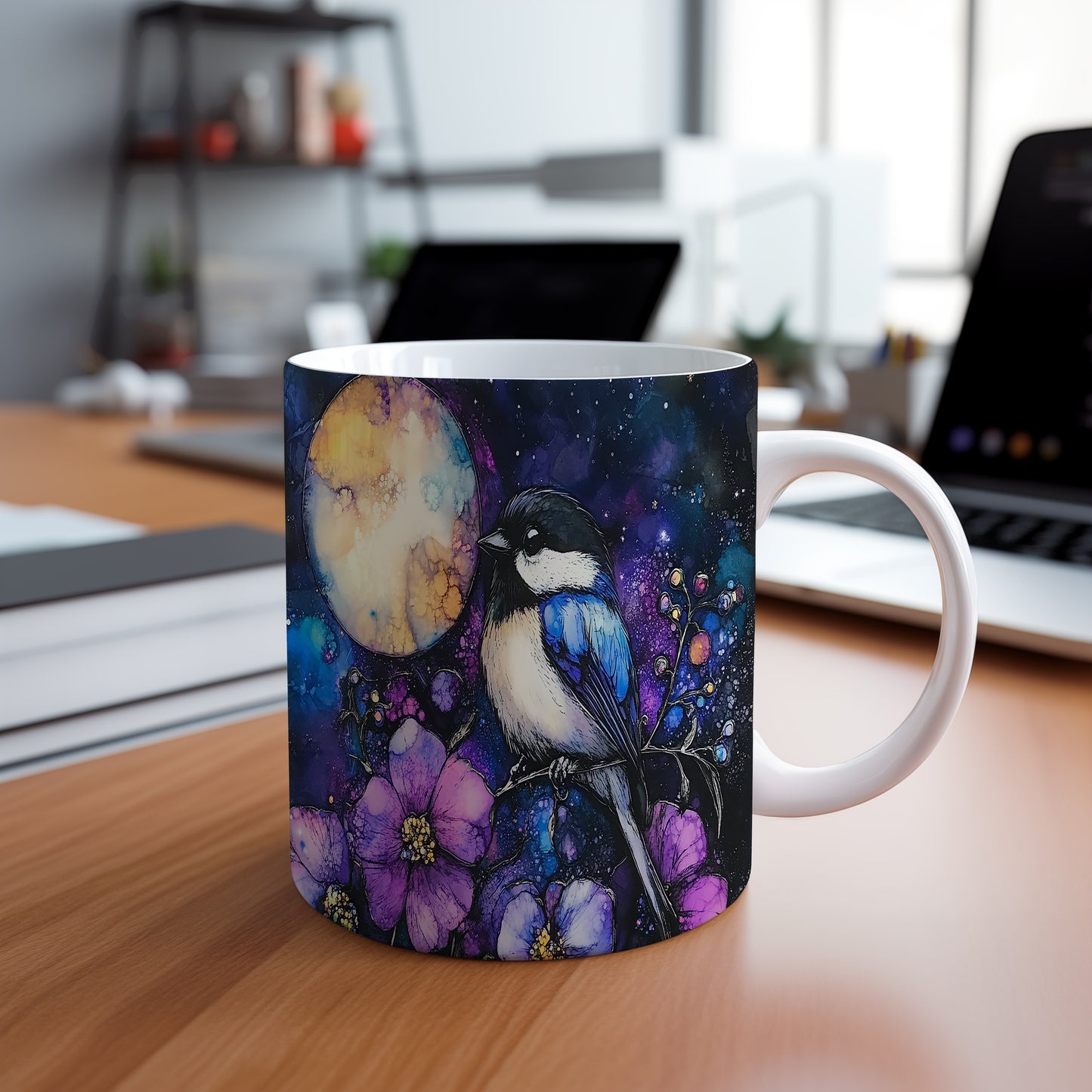 Hrnek s ptáčkem a květinami – komiksovým stylem