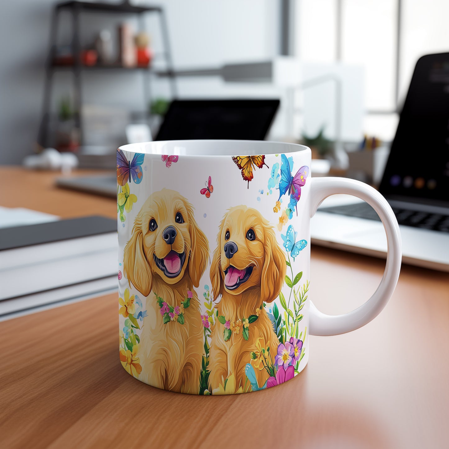 Hrnek se šťastnými zlatými retrívry