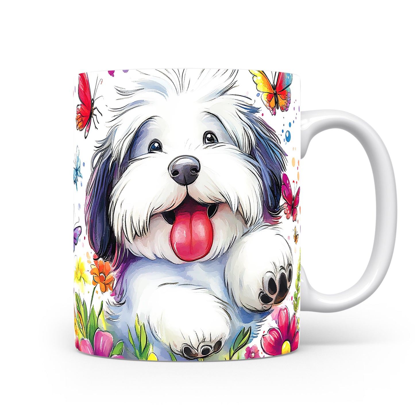 Hrnek s veselým pejskem Lhasa Apso a květinami v růžových tónech