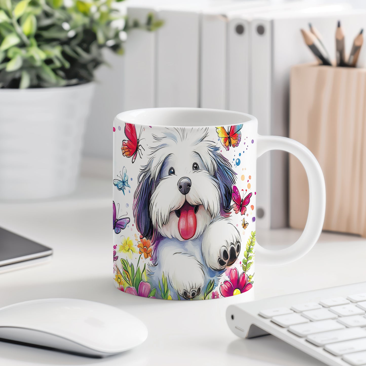 Hrnek s veselým pejskem Lhasa Apso a květinami v růžových tónech