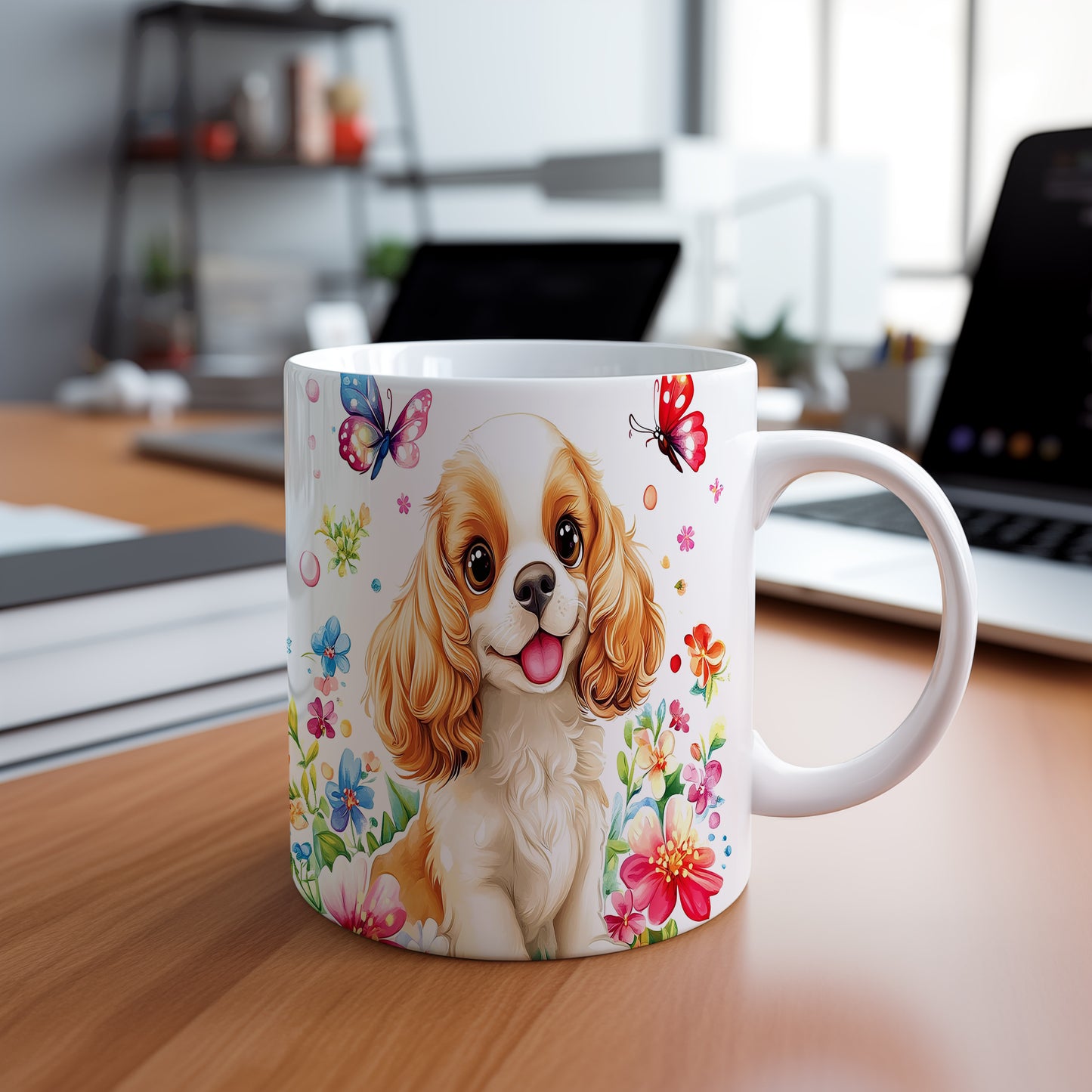 Hrnek s cavalierem a květinami v malířském stylu