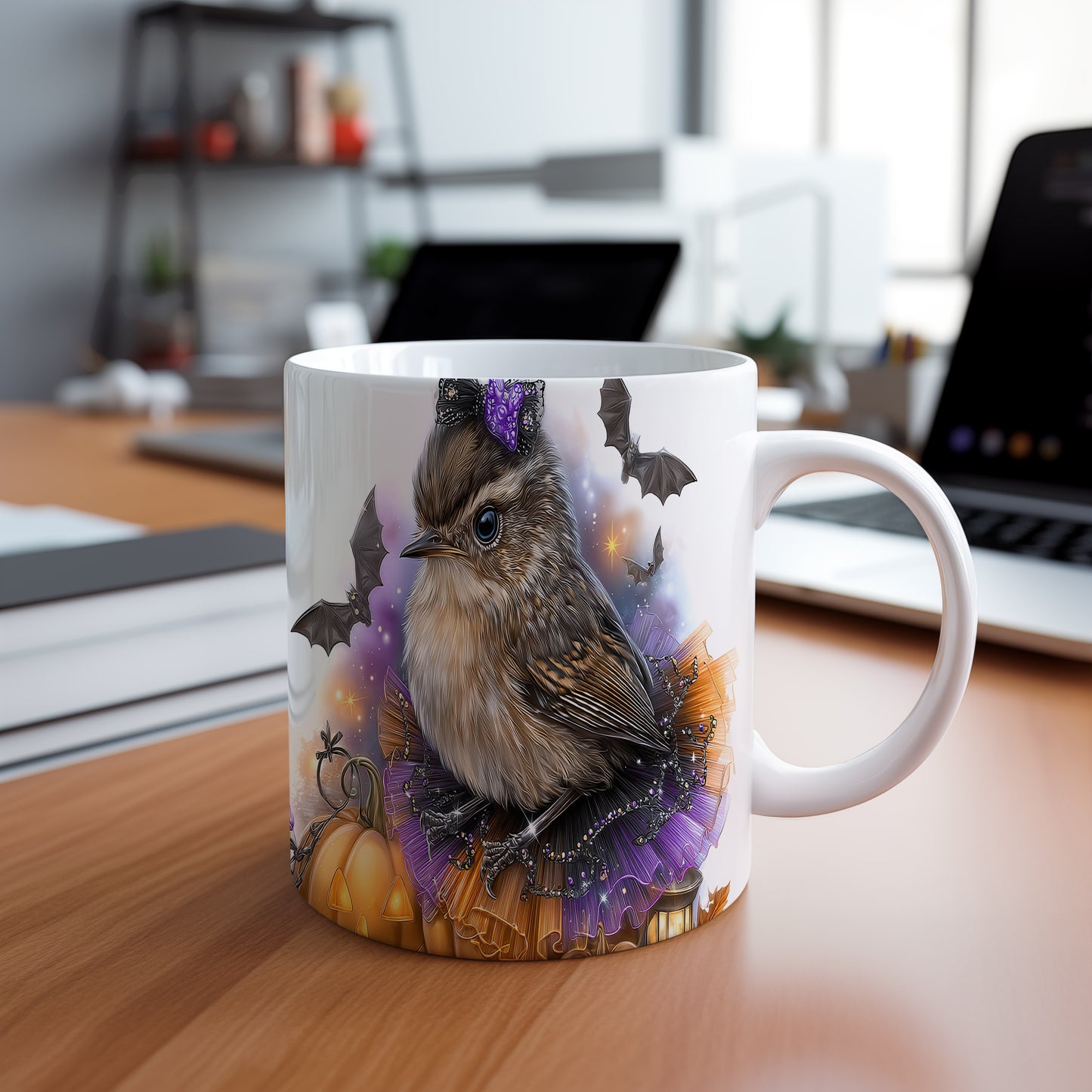 Hrnek s roztomilým ptáčkem v kostýmu – modrými detaily