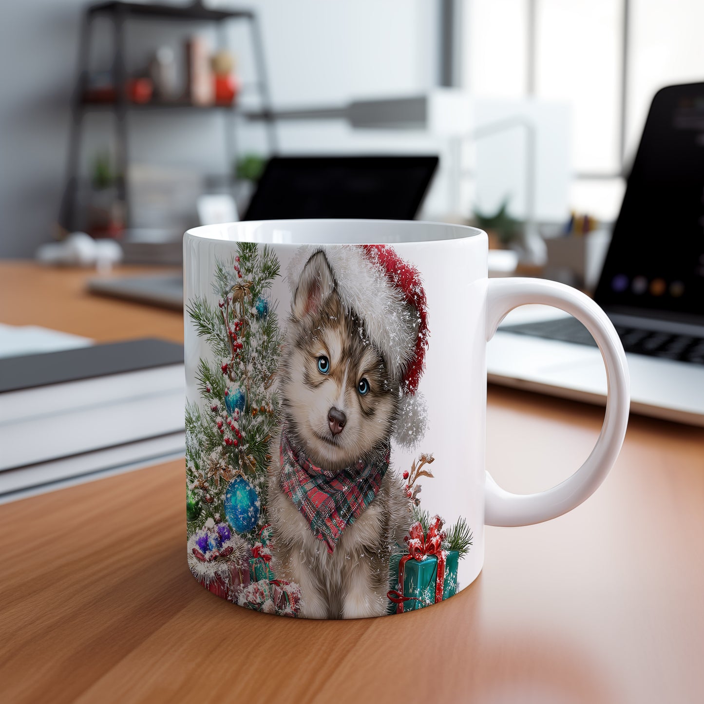 Hrnek s roztomilým huskym v červené vánoční čepici