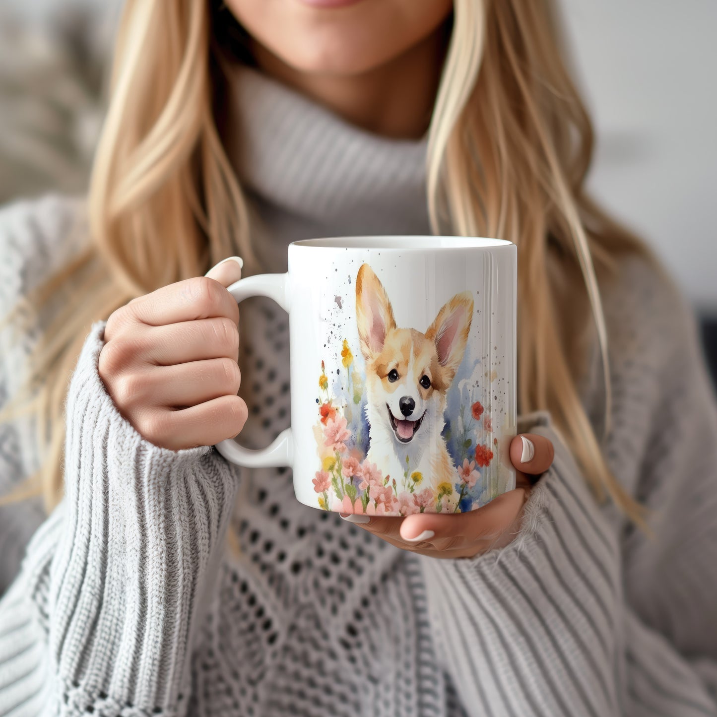 Hrnek s roztomilým corgi s květinovým vzorem