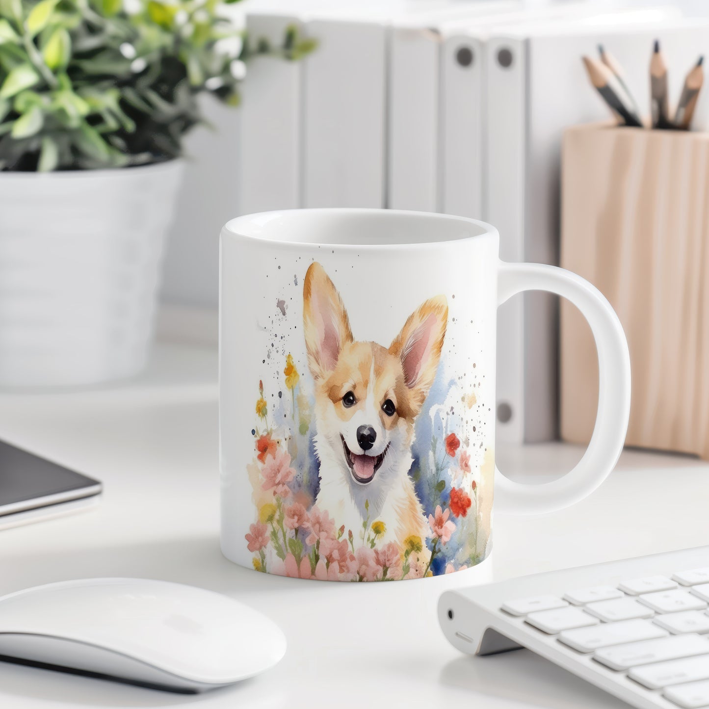 Hrnek s roztomilým corgi s květinovým vzorem