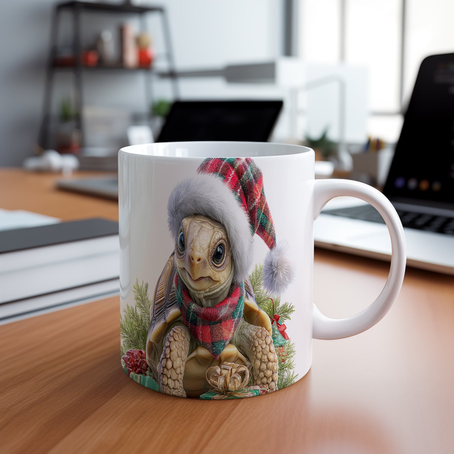 Hrnek s roztomilou želvou v zimním oblečení