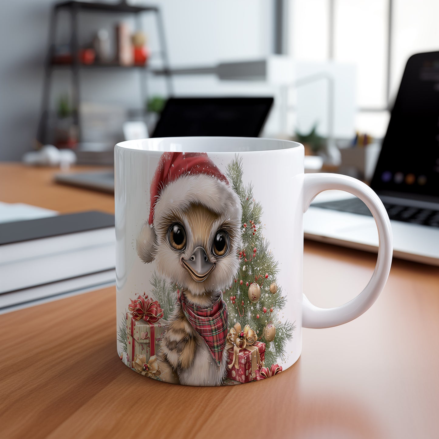 Hrnek s veselým ptáčkem v vánočním klobouku