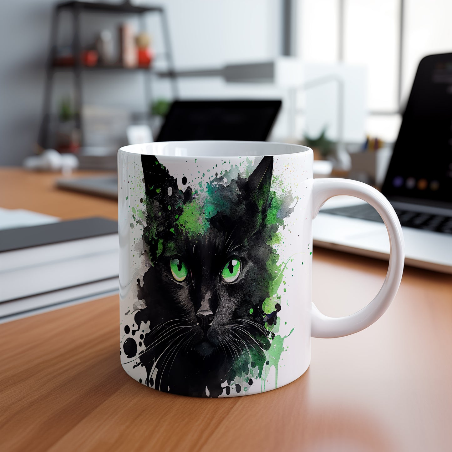Hrnek se černou kočkou se zelenýma očima