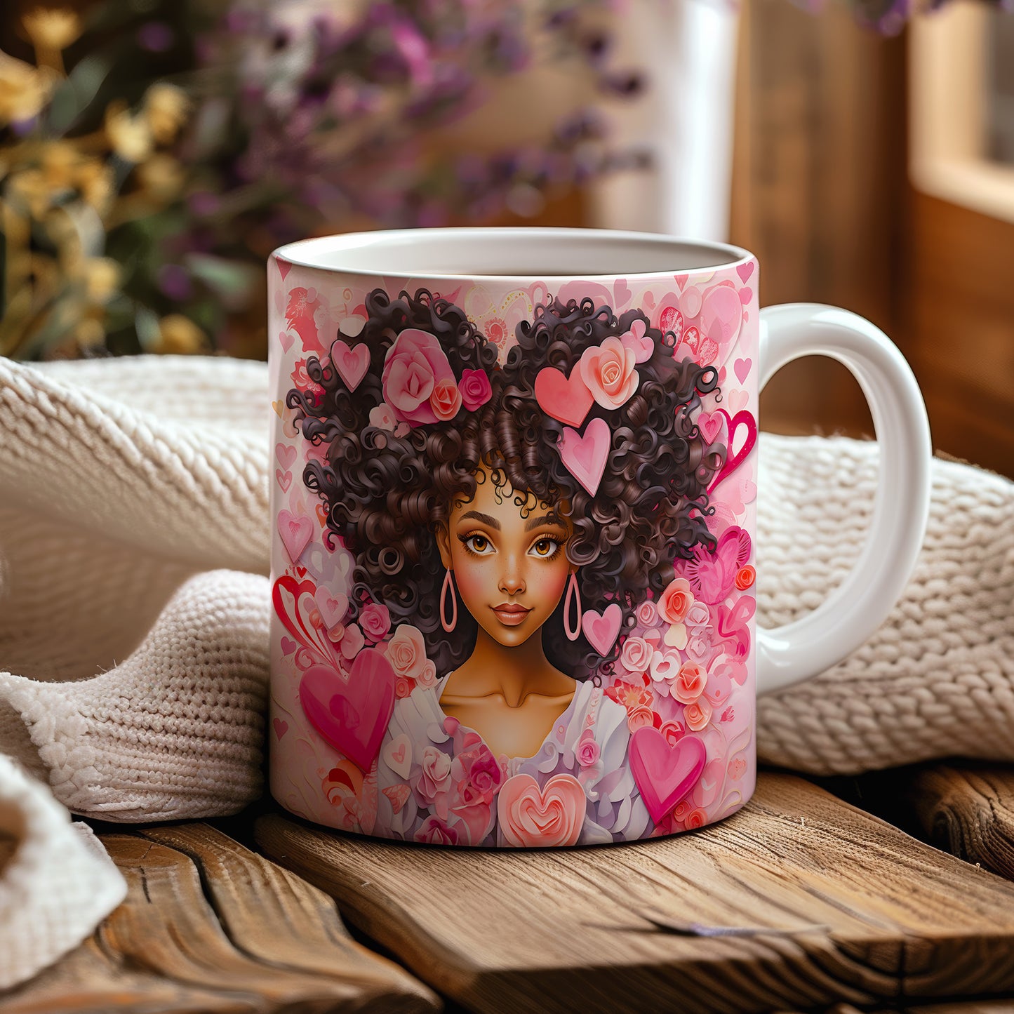 Hrnek s afro dívkou a romantickými srdci