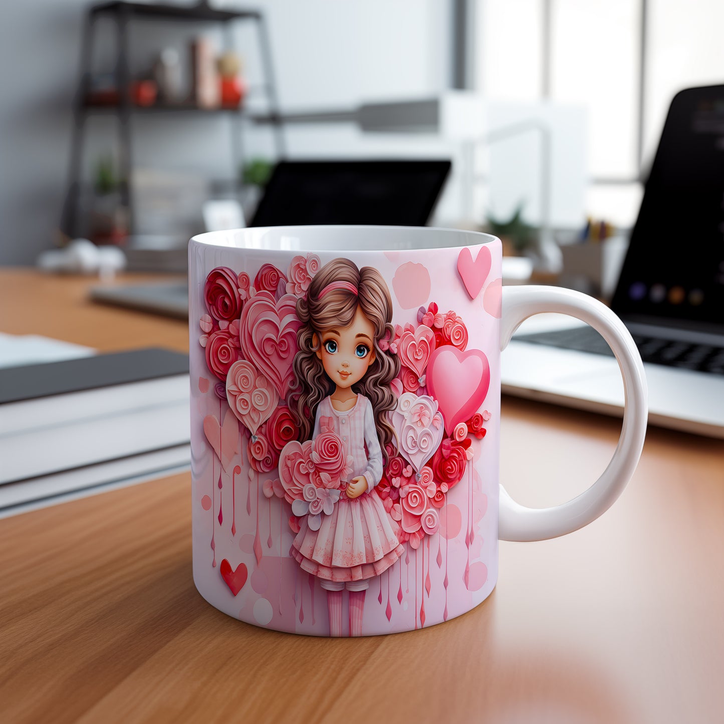 Hrnek s dívkou a růžovými srdci