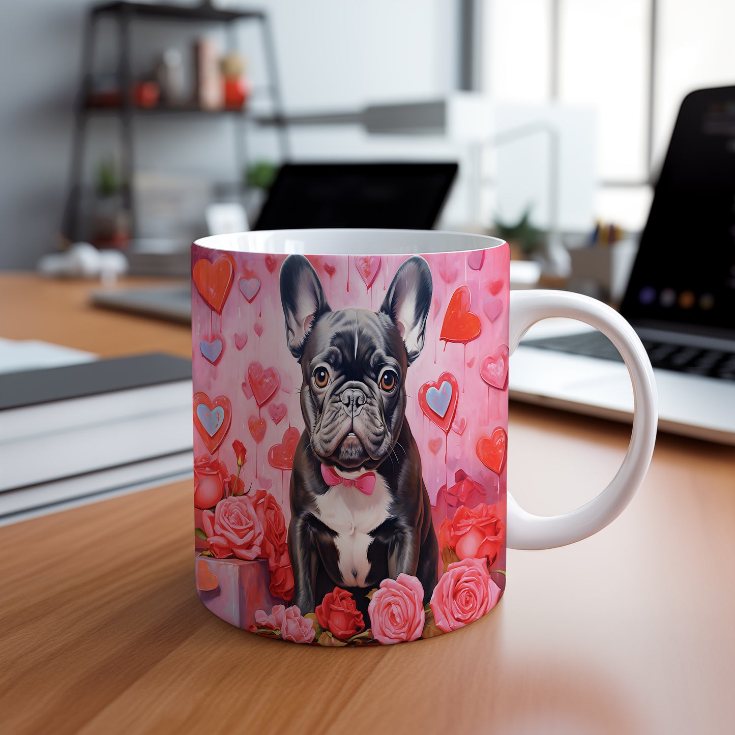 Hrnek s francouzským buldočkem a růžovými srdci