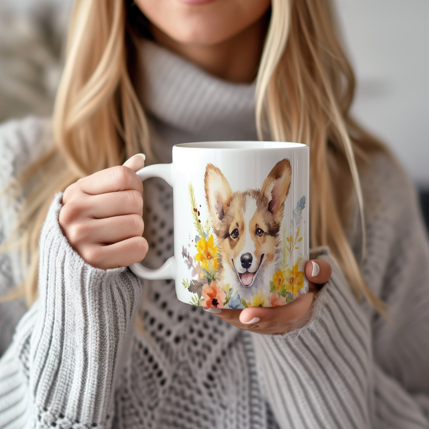 Hrnek s roztomilým corgi s květinovým motivem