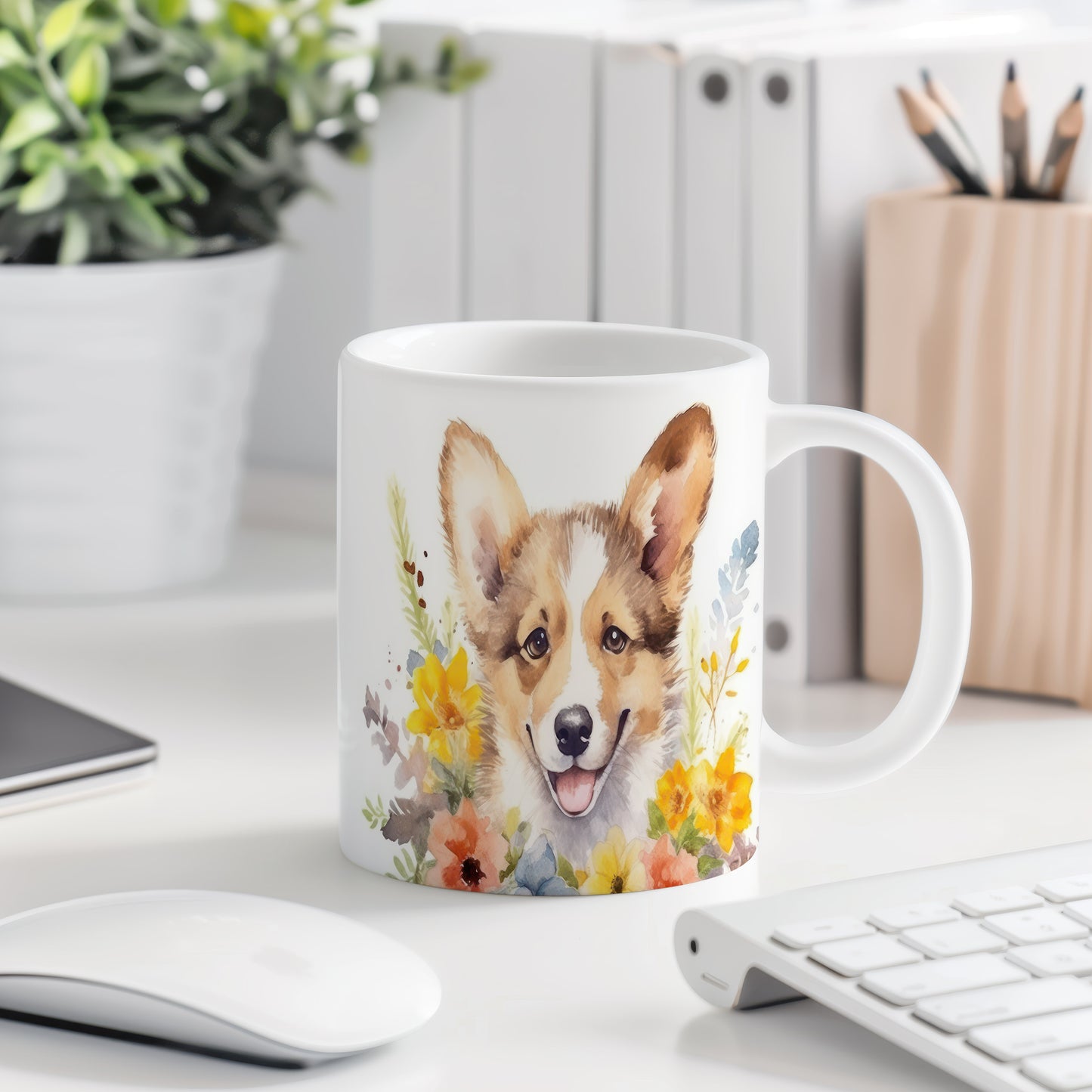 Hrnek s roztomilým corgi s květinovým motivem