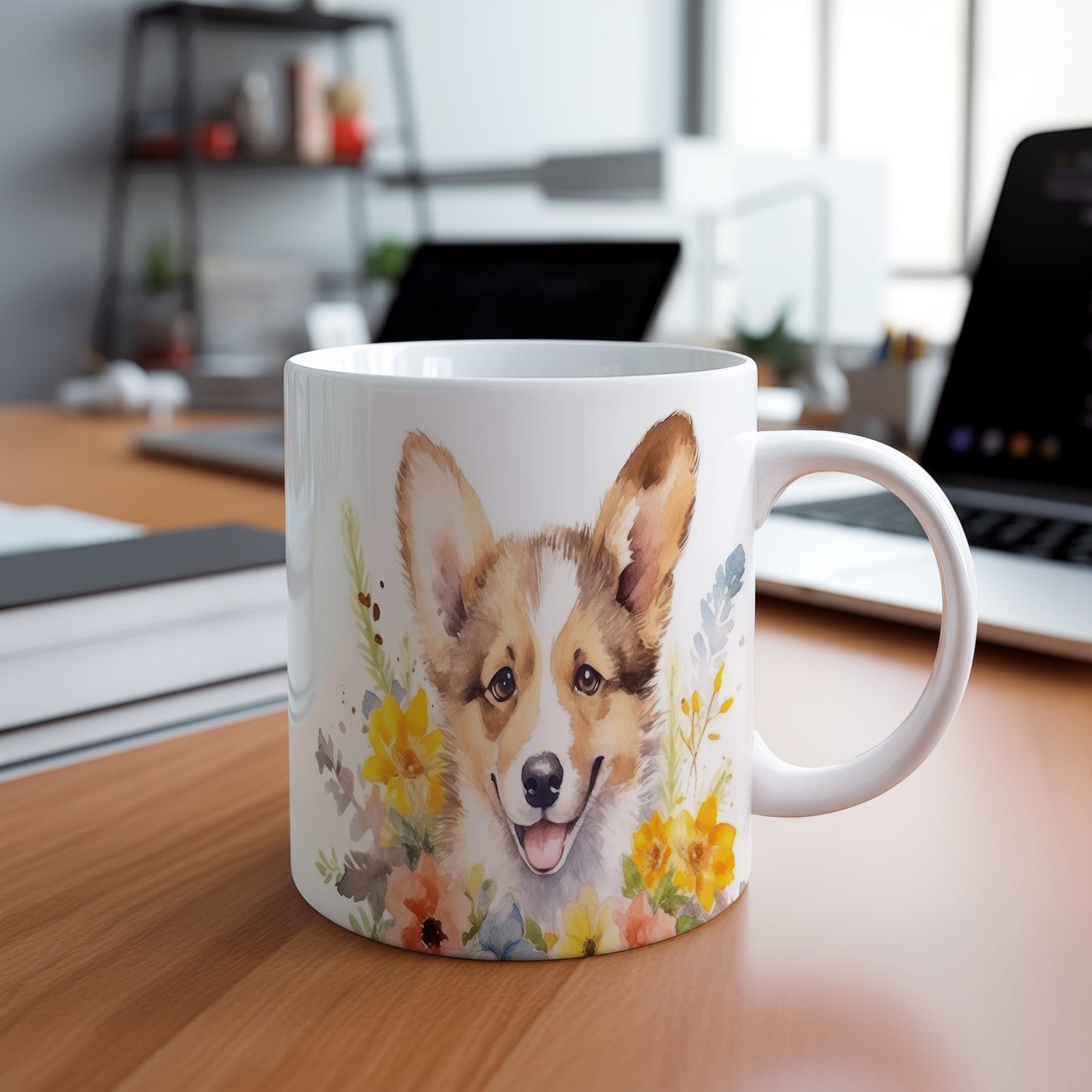 Hrnek s roztomilým corgi s květinovým motivem