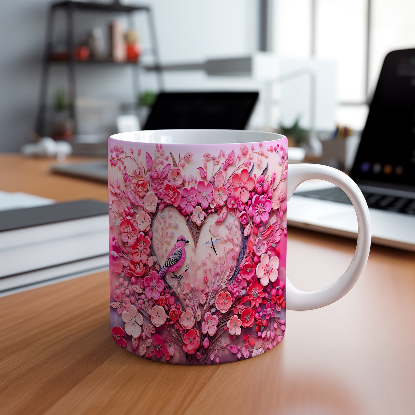 Hrnek růžový s květinovým motivem a ptáčky